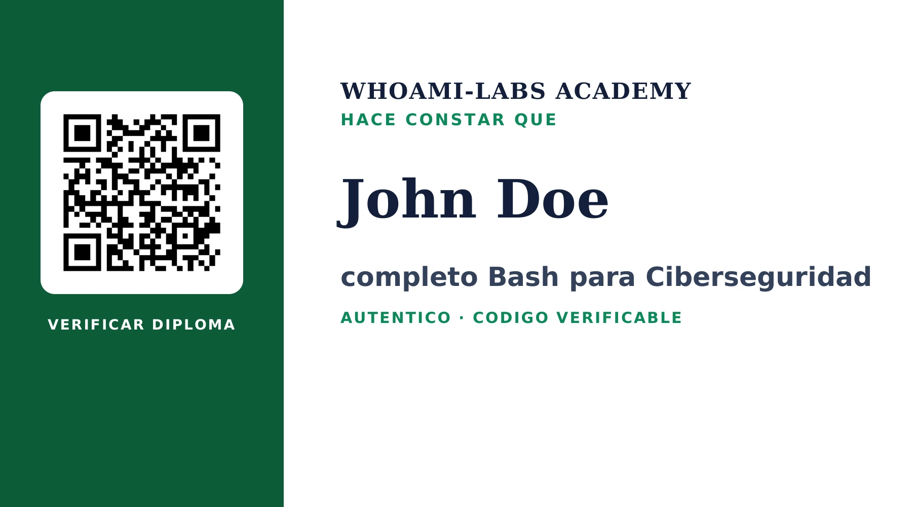 Diploma real de Whoami-Labs Academy con código QR de verificación, generado por el mismo sistema que emite los certificados