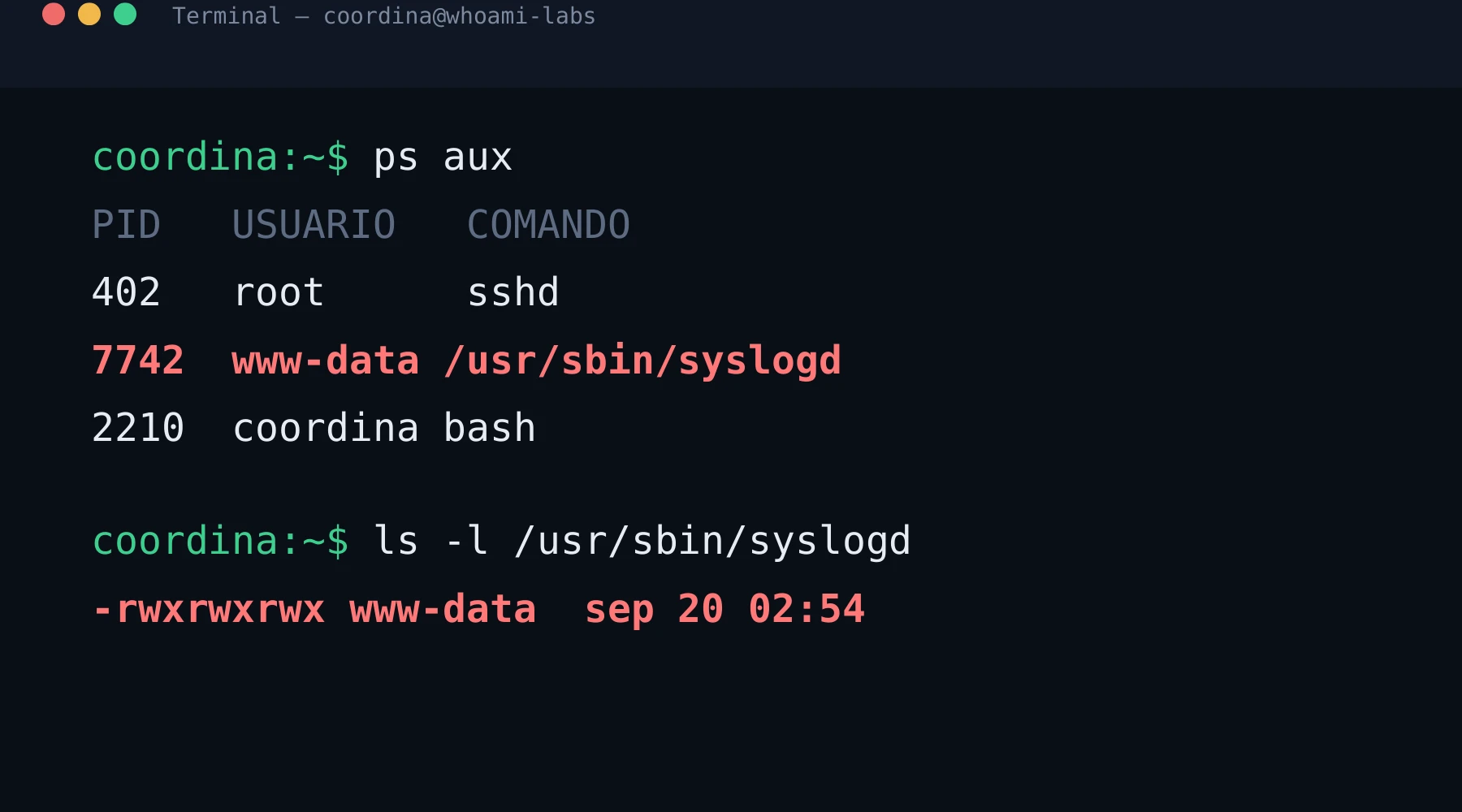 Terminal real de un laboratorio de la Academia mostrando la salida de ps aux con un proceso sospechoso resaltado